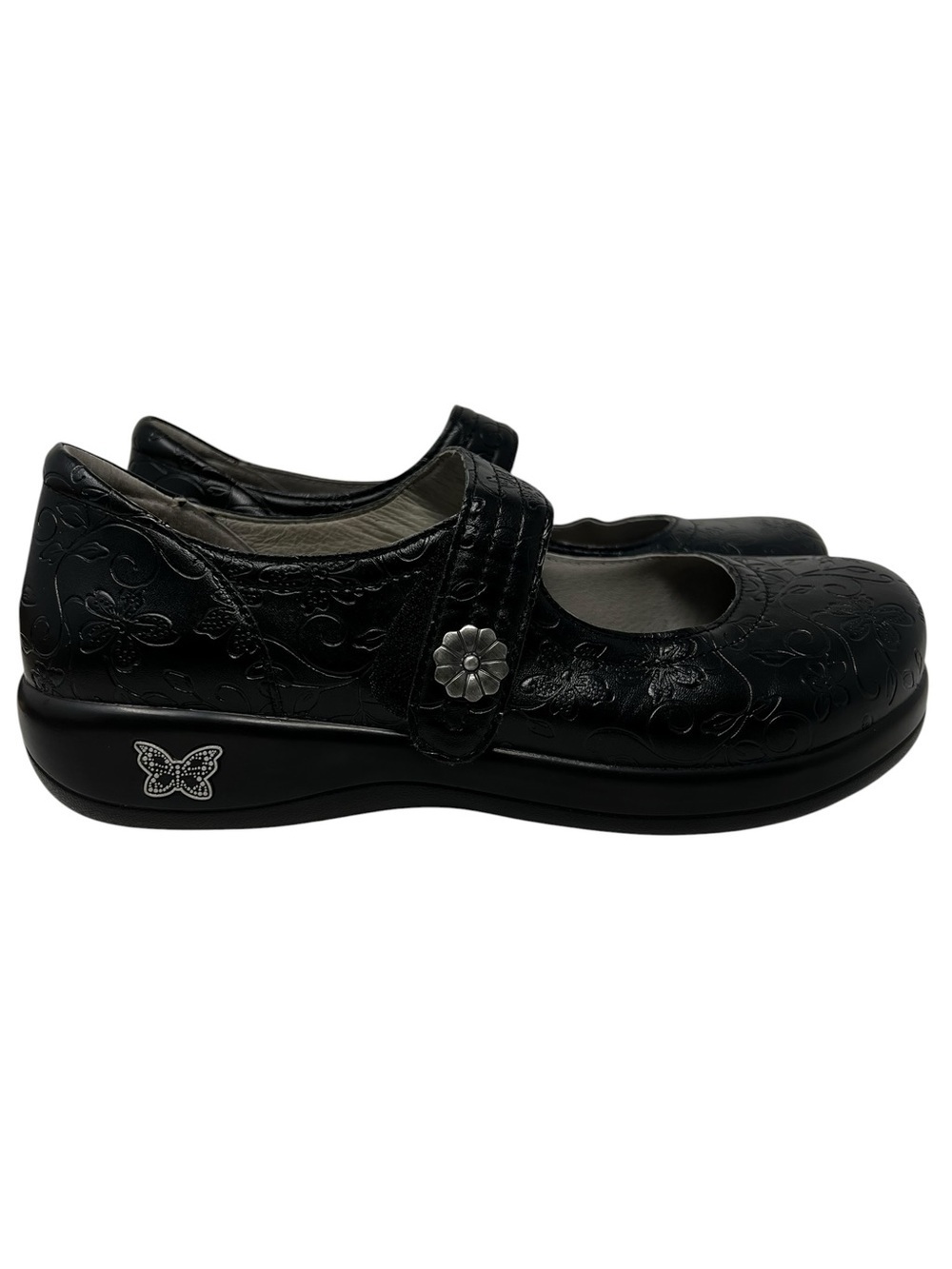 Alegria Black Embossed Floral Mary Jane Flats with Strap - Picture 2 of 9